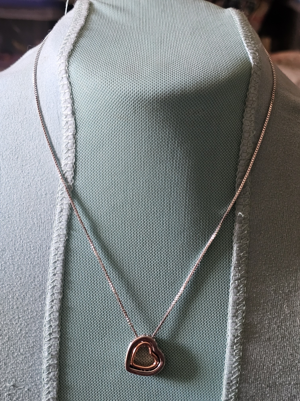 Rose Silver Tone, Heart Pendant Necklace